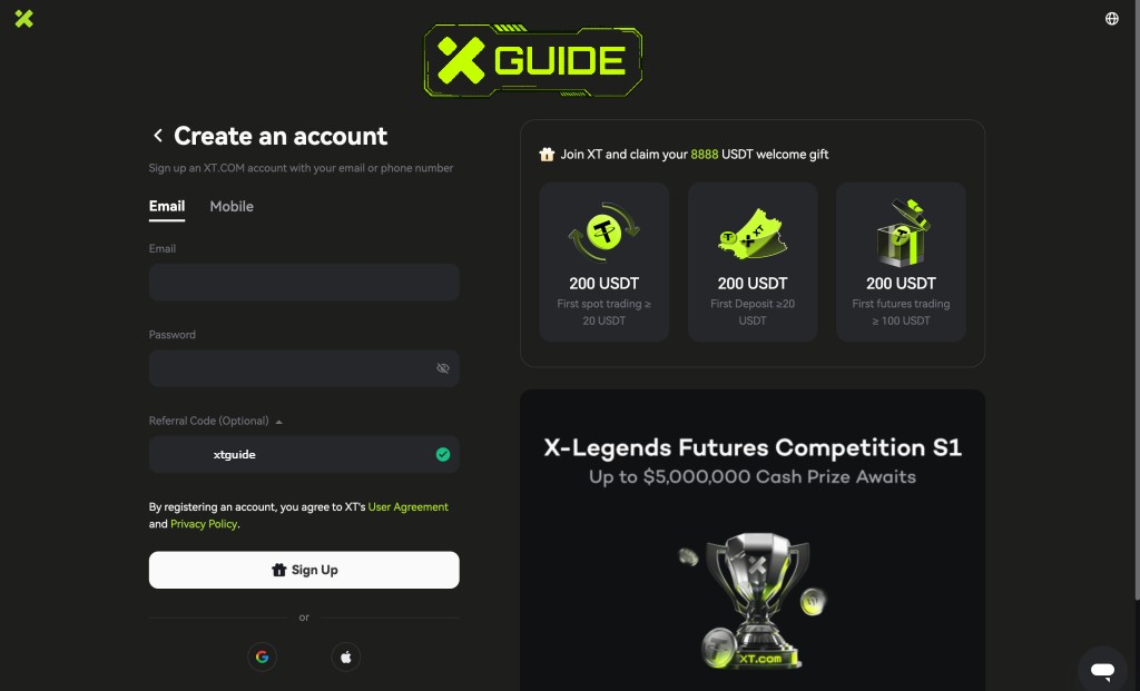 sign up on xt
